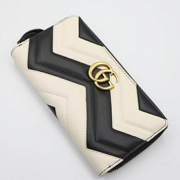 GUCCI GG Marmont Chevron Long Wallet Quilted Black White h - Picture 1 of 15